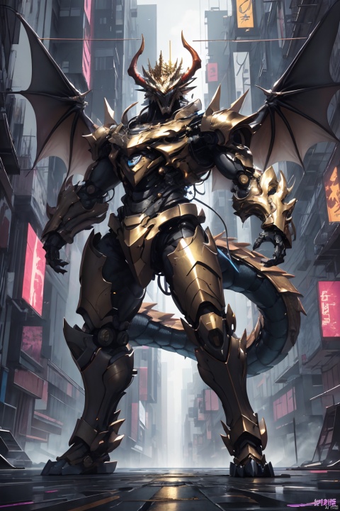 Masterpiece, high detail, 8k, full body, a huge humanoid dragon king with golden metal scale texture, sharp horns and teeth on the crown, strong and powerful mechanical arms and armor. The eye area of the Dragon King is a golden fluorescent screen, with a huge dragon wing composed of thrusters installed on the back and an armored dragon tail. The entire body is mainly composed of two colors: golden, purple, , in a cyberpunk style, stocky
,, 3d stely. The eyes emit purple laser beams.