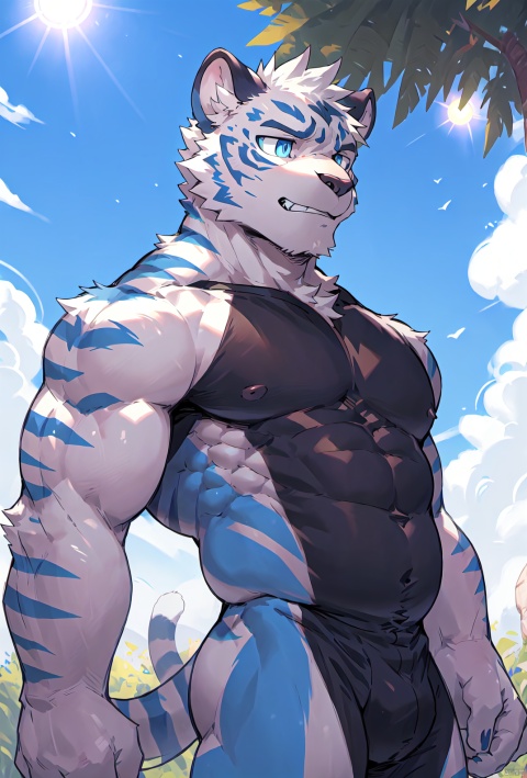  men,Correct body structure,Correct finger structure,Facial,correctness,sunshine,grim expression,Correct pupil structure,single person ,Blue and white fur,tiger,blue pupils,Slender physique, chubby