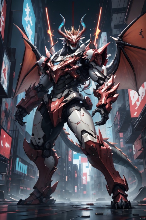  Masterpiece, high detail, 8k, full body, a huge humanoid dragon king with red metal scale texture, sharp horns and teeth on the crown, strong and powerful mechanical arms and armor. The eye area of the Dragon King is a red fluorescent screen, with a huge dragon wing composed of thrusters installed on the back and an armored dragon tail. The entire body is mainly composed of three colors: red, blue, and white, in a cyberpunk style

, 3d stely