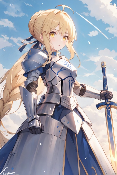  1girl, ahoge, armor, armored_dress, artoria_pendragon_\(fate\), blonde_hair, braid, dress, gauntlets, holding, holding_sword, holding_weapon, looking_at_viewer, saber, signature, solo, weapon, yellow_eyes