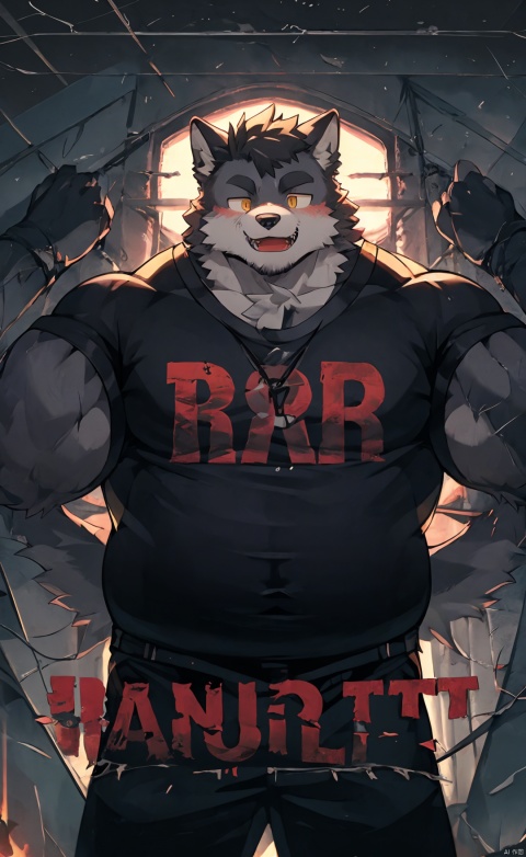  e style thriller poster,1boy, solo,yellow character name,red english font, shota, mjtyhz, furry, chubby, wolf, , Muscular Male