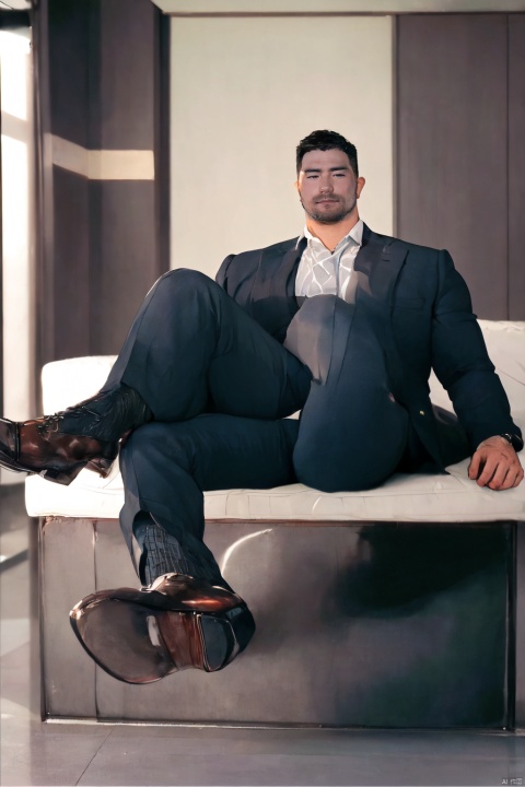  a man,chubby,male focus,(masterpiece, Realism, best quality, highly detailed,profession),asian,exquisite facial features,handsome,muscular,sitting,Business suit,socks,footwear,soft lighting,blurry,xiewa, ((poakl)), Muscular Male