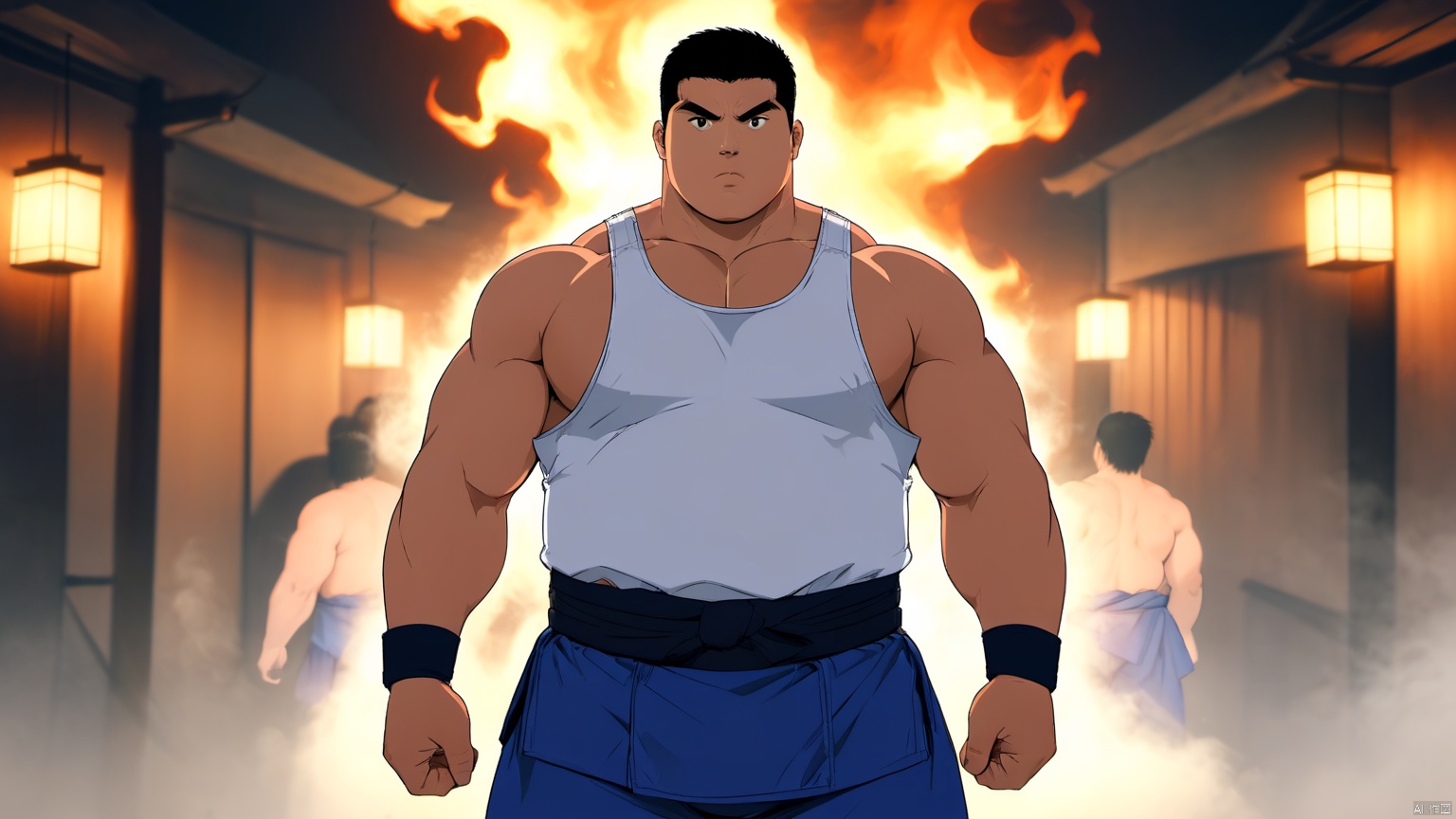  best quality, amazing quality, very aesthetic, absurdres,1man,solo,muscular male,looking at viewer, slighty_chubby, standing,**** top,warming,black hair, Muscular Male, 90s, Movie style background, SUMO