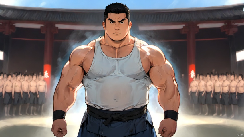  best quality, amazing quality, very aesthetic, absurdres,1man,solo,muscular male,looking at viewer, slighty_chubby, standing,tank top,warming,black hair, Muscular Male, 90s, Movie style background, SUMO, km