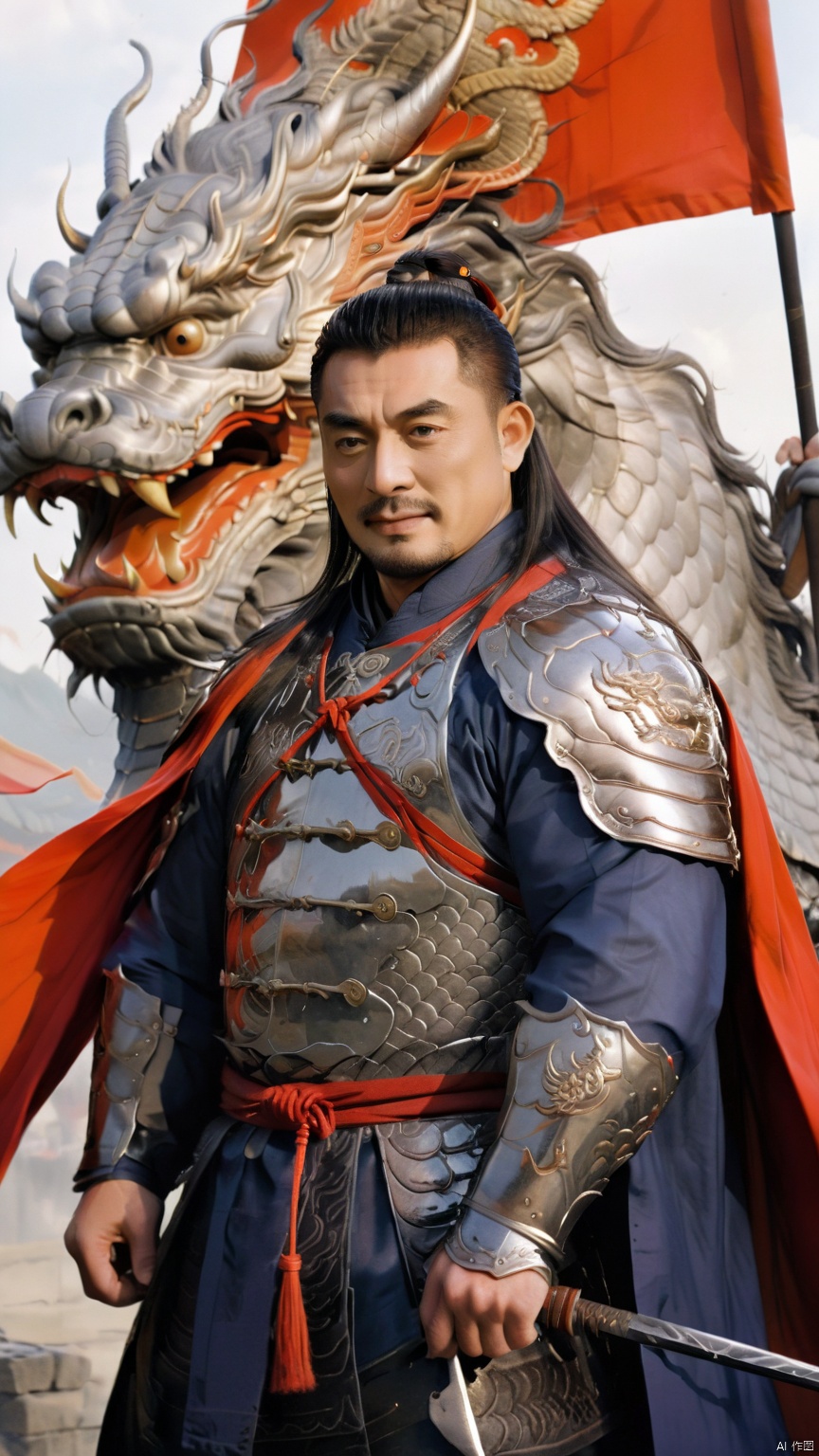  1man,stocky, strong, muscle, NSFW,penis,Majestic Ming Dynasty general, armored in a battle suit with embroidered dragon motifs, , and cloaked with a cape, his expression resolute. The backdrop features a battlefield scenery, flags fluttering, with high contrast and high definition to depict the ambiance of wartime epic, happy,
, Silverjoe, asian, huggymale,mature male,