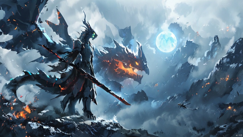  (masterpiece), (best quality),(illustration), wide shot, best quality, epic scenes, impactful visuals, holding, weapon, wings, teeth,holding weapon, armor, no humans, glowing, blue moon, fire, robot, glowing eyes, claws, monster,dragon, ananmo, Movie style background