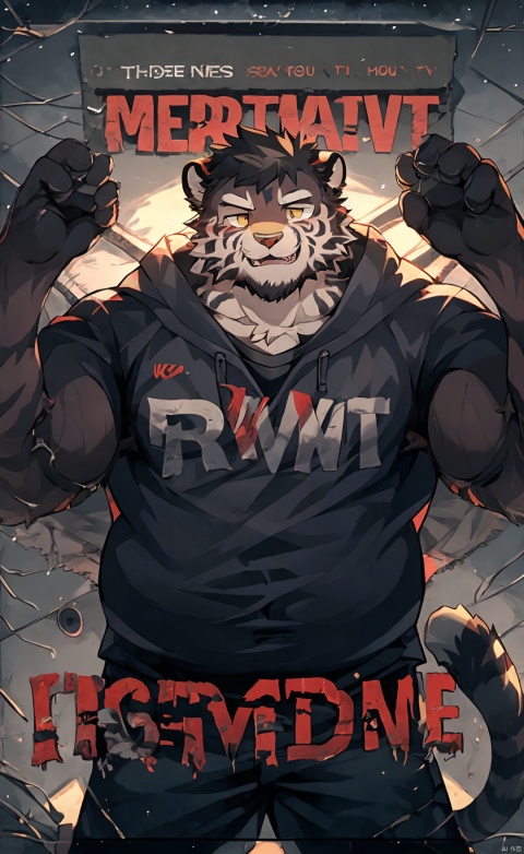  e style thriller poster,1boy, solo,yellow character name,red english font, shota, mjtyhz, furry, chubby, tiger, , Muscular Male
