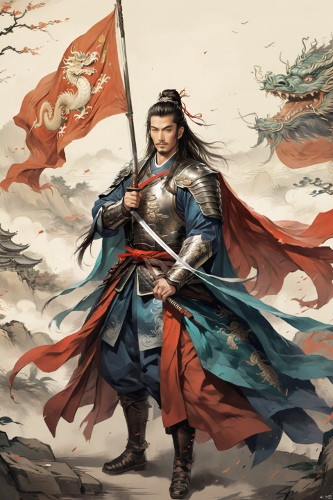  1man,Majestic Ming Dynasty general, armored in a battle suit with embroidered dragon motifs, wielding a trusty sword, and cloaked with a cape, his expression resolute. The backdrop features a battlefield scenery, flags fluttering, with high contrast and high definition to depict the ambiance of wartime epic, happy,
, Silverjoe