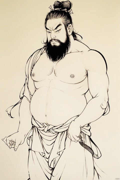  a man with a beard,Fall the dragon Arhats, and no shirt posing for a picture,monochrome, solo, (linearts:1.331),(thick lines:1.1),clear lines,chest_hair, male_focus, muscular, handsome, pectorals, abs, facial_hair, nipples, muscular_male, large_pectorals, pubic_hair, body_hair, navel_hair, armpit_hair, bara, male_pubic_hair, leg_hair, thighs, 1boy, thick_thighs, stomach, solo, beard, navel, arm_hair, cock,magic_circle, armpits, stubble ,black ink painting,(linearts:1.331),thick lines,white background, Shinv, hanfu,line drawing,nake, nsfw