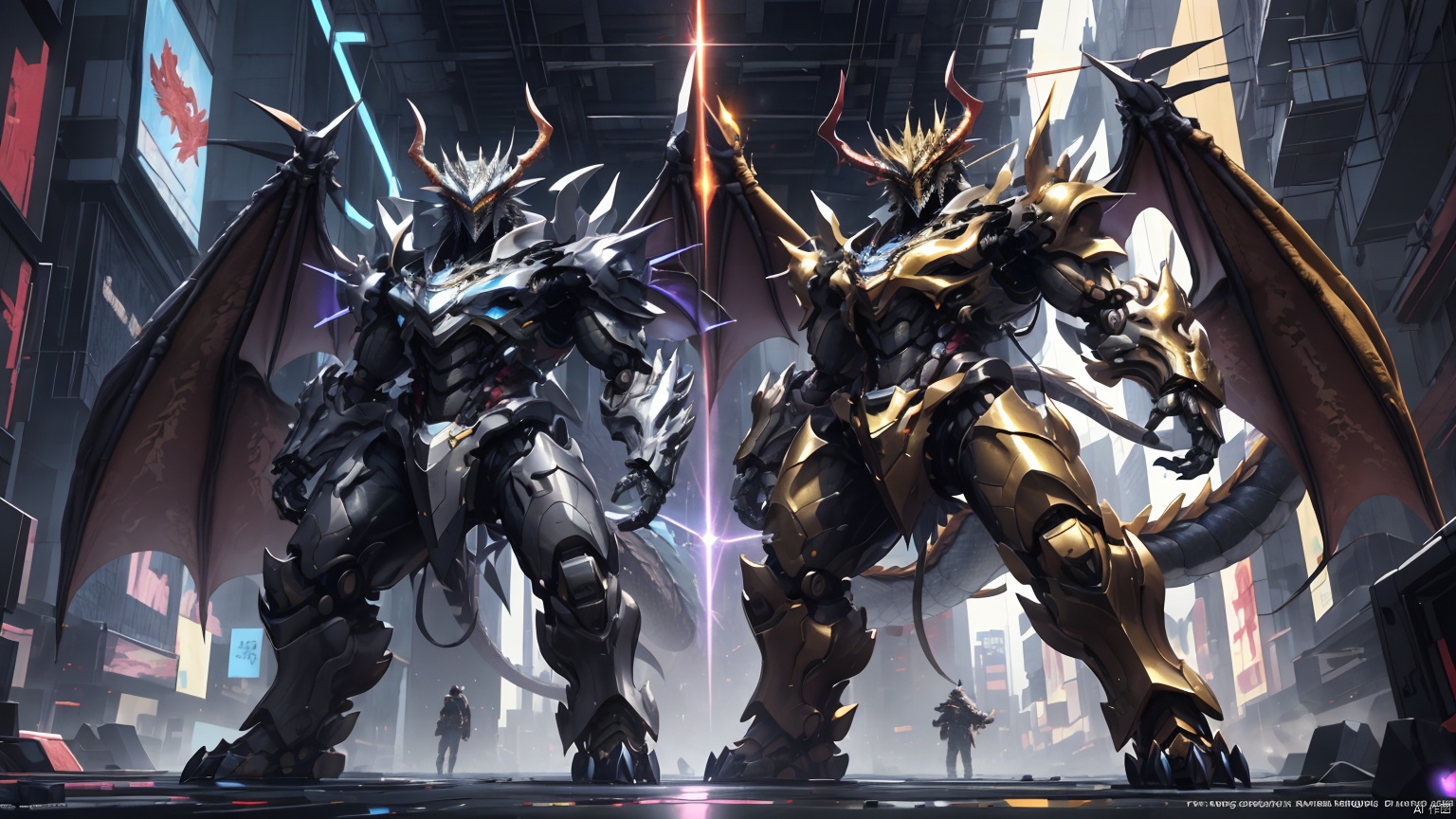  Masterpiece, high detail, 8k, full body, a huge humanoid dragon king with golden metal scale texture, sharp horns and teeth on the crown, strong and powerful mechanical arms and armor. The eye area of the Dragon King is a golden fluorescent screen, with a huge dragon wing composed of thrusters installed on the back and an armored dragon tail. The entire body is mainly composed of two colors: golden, purple, , in a cyberpunk style, stocky
,, 3d stely. The eyes emit purple laser beams.