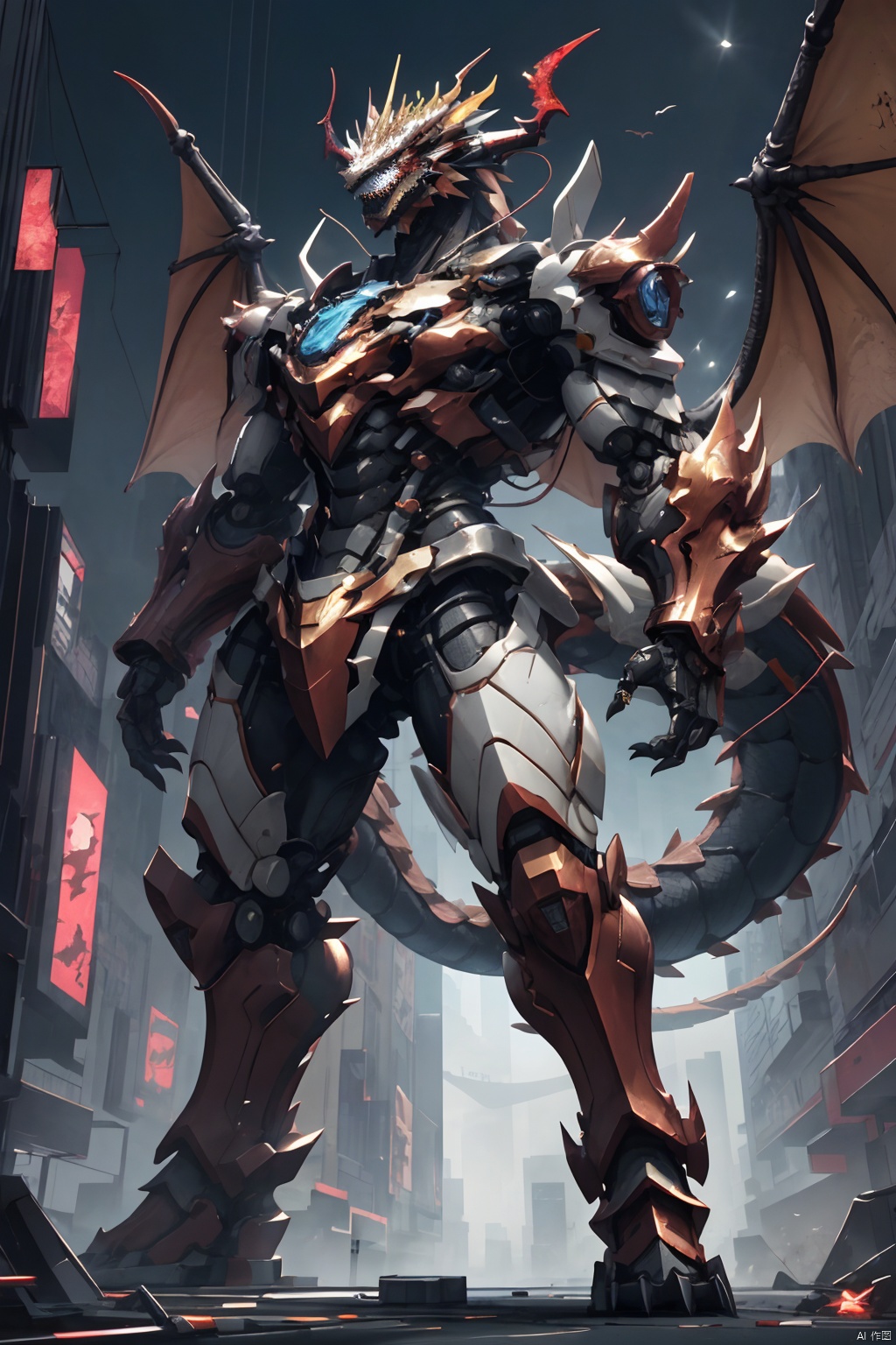  Masterpiece, high detail, 8k, full body, a huge humanoid dragon king with golden metal scale texture, sharp horns and teeth on the crown, strong and powerful mechanical arms and armor. The eye area of the Dragon King is a golden fluorescent screen, with a huge dragon wing composed of thrusters installed on the back and an armored dragon tail. The entire body is mainly composed of three colors: red, blue, and white, in a cyberpunk style, stocky
,
, 3d stely