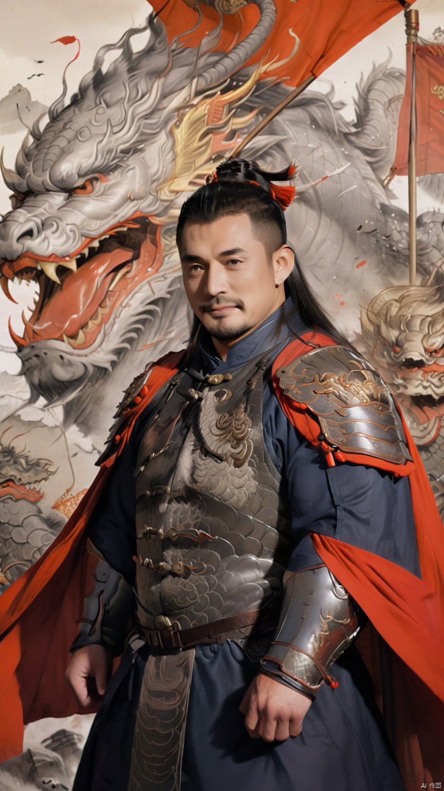  1man,stocky, strong, muscle, NSFW,penis
,naked_shirt,Majestic Ming Dynasty general, armored in a battle suit with embroidered dragon motifs, , and cloaked with a cape, his expression resolute. The backdrop features a battlefield scenery, flags fluttering, with high contrast and high definition to depict the ambiance of wartime epic, happy,
, Silverjoe, asian, huggymale,mature male,