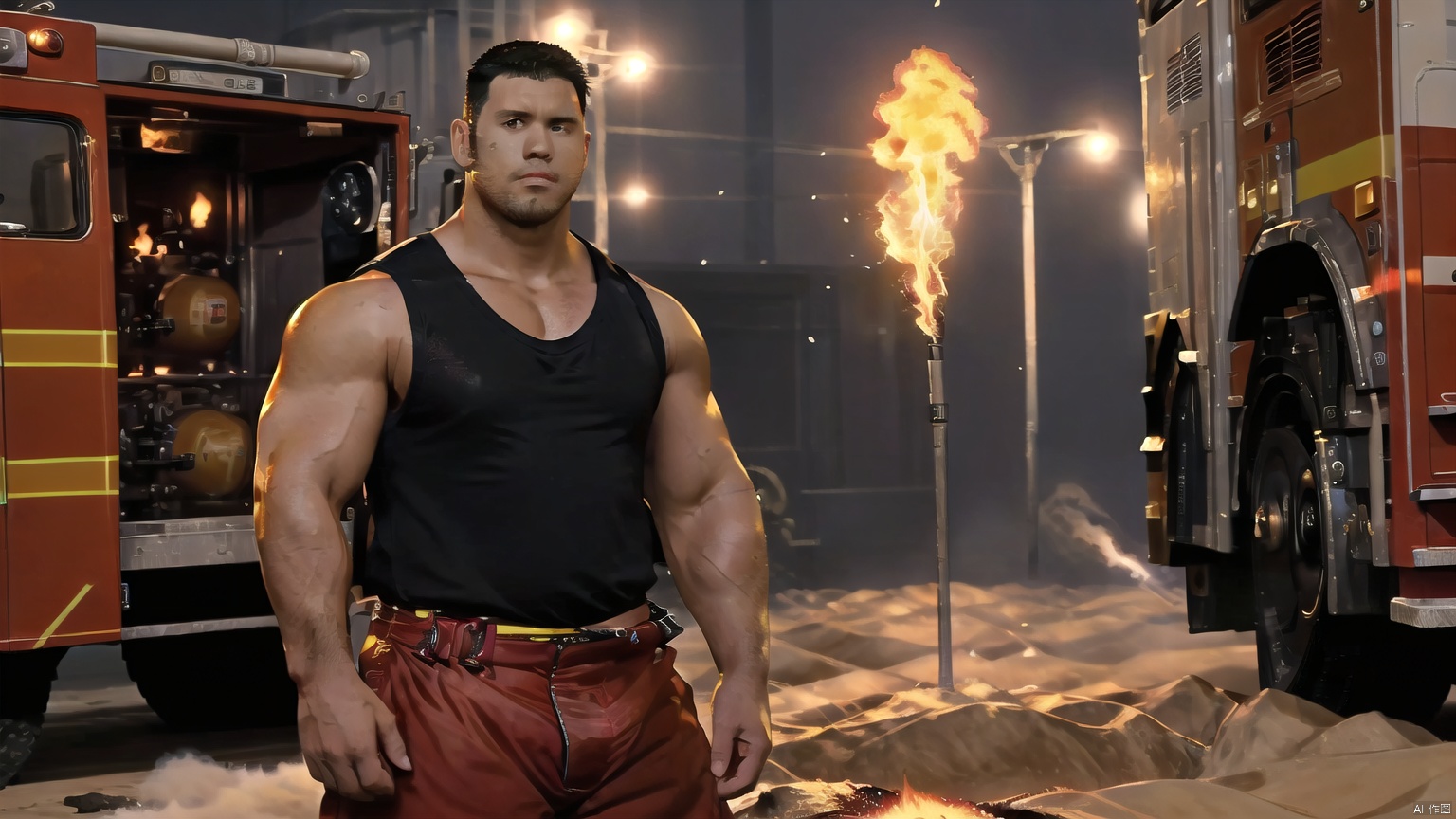  best quality, amazing quality, very aesthetic, absurdres,1man,solo,muscular male,looking at viewer, slighty_chubby, standing,**** top,warming,black hair, Muscular Male, 90s, Movie style background, SUMO, km, muscular, firemenoutfit