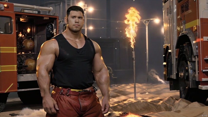  best quality, amazing quality, very aesthetic, absurdres,1man,solo,muscular male,looking at viewer, slighty_chubby, standing,tank top,warming,black hair, Muscular Male, 90s, Movie style background, SUMO, km, muscular, firemenoutfit