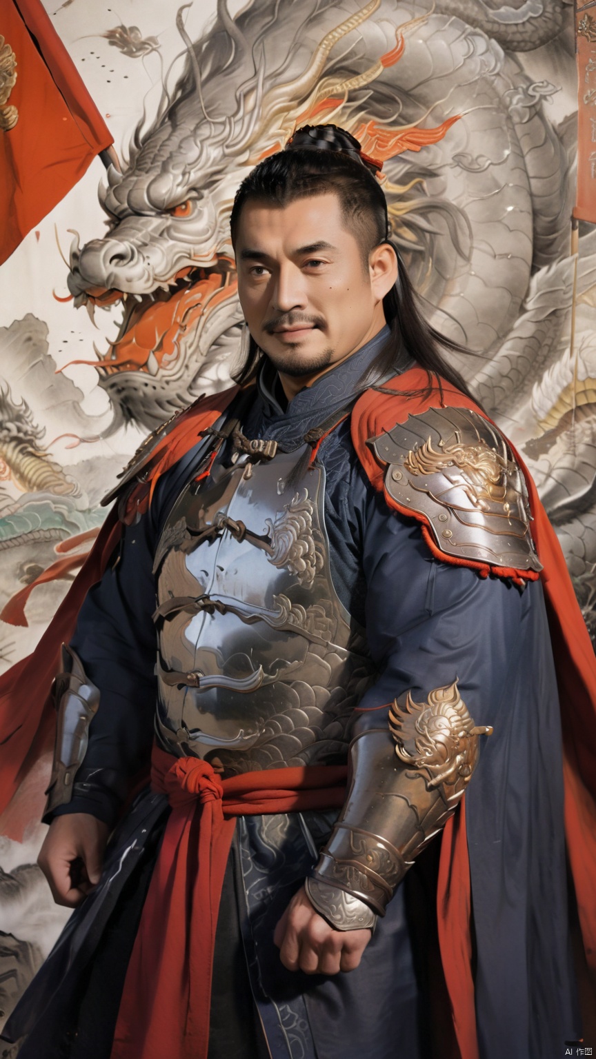  1man,stocky, strong, muscle, NSFW,penis,Majestic Ming Dynasty general, armored in a battle suit with embroidered dragon motifs, , and cloaked with a cape, his expression resolute. The backdrop features a battlefield scenery, flags fluttering, with high contrast and high definition to depict the ambiance of wartime epic, happy,
, Silverjoe, asian, huggymale,mature male,