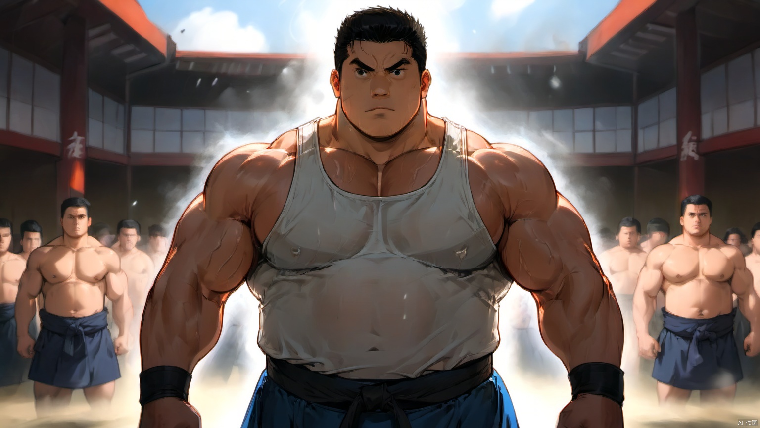  best quality, amazing quality, very aesthetic, absurdres,1man,solo,muscular male,looking at viewer, slighty_chubby, standing,**** top,warming,black hair, Muscular Male, 90s, Movie style background, SUMO, km