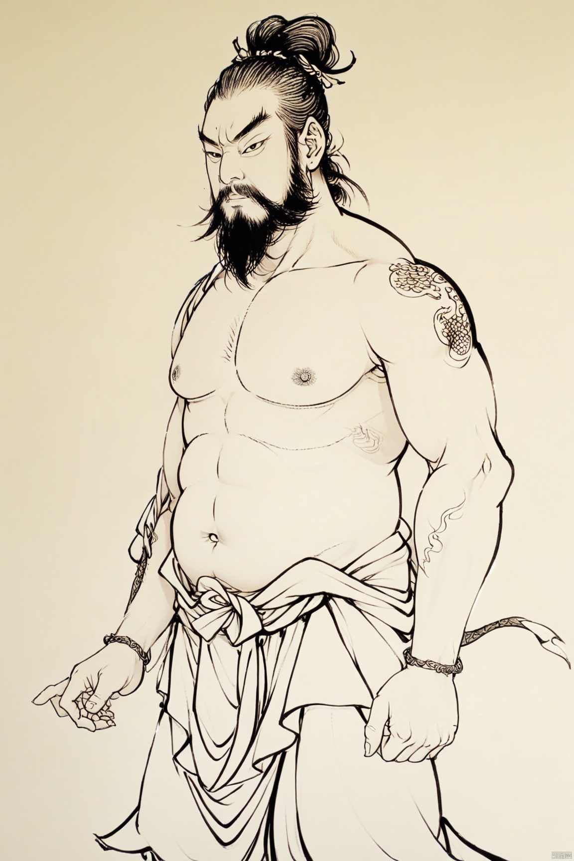  a man with a beard,Fall the dragon Arhats, and no shirt posing for a picture,monochrome, solo, (linearts:1.331),(thick lines:1.1),clear lines,chest_hair, male_focus, muscular, handsome, pectorals, abs, facial_hair, nipples, muscular_male, large_pectorals, pubic_hair, body_hair, navel_hair, armpit_hair, bara, male_pubic_hair, leg_hair, thighs, 1boy, thick_thighs, stomach, solo, beard, navel, arm_hair, cock,magic_circle, armpits, stubble ,black ink painting,(linearts:1.331),thick lines,white background, Shinv, hanfu,line drawing,nake, nsfw