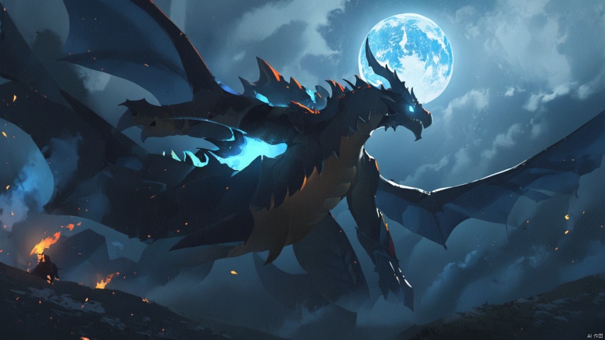  (masterpiece), (best quality),(illustration), wide shot, best quality, epic scenes, impactful visuals, no humans, glowing, blue moon, fire,, glowing eyes, claws, monster,dragon, ananmo, Movie style background
