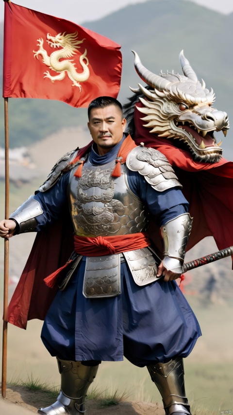  1man,stocky, strong, muscle, Majestic Ming Dynasty general, armored in a battle suit with embroidered dragon motifs, , and cloaked with a cape, his expression resolute. The backdrop features a battlefield scenery, flags fluttering, with high contrast and high definition to depict the ambiance of wartime epic, happy,
, Silverjoe, asian, huggymale,mature male