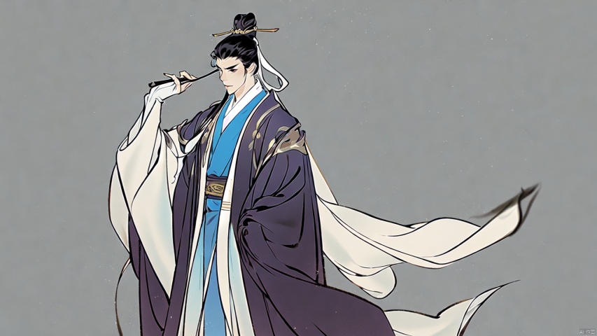  guofeng,illustration,full_shot,1boy,male focus,solo,single hair bun,,robe,black hair,hanfu,tang style outfits,looking_at_viewer,white_background,clean background,introduction background,blank background,