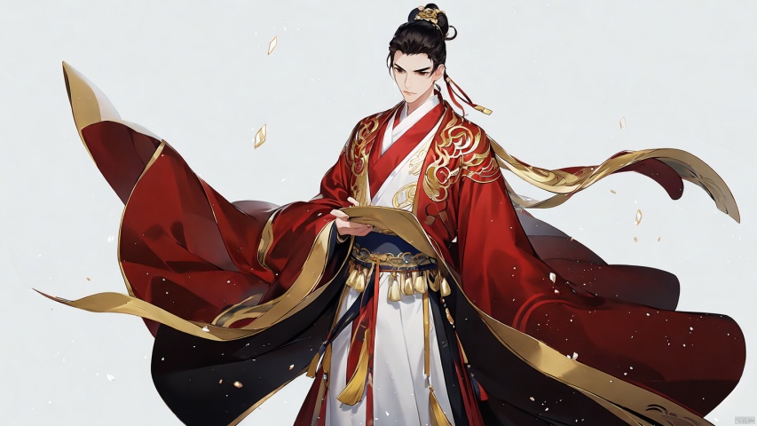  guofeng,illustration,full_shot,1boy,male focus,solo,single hair bun,hair bunholding ,robe,black hair,hanfu,tang style outfits,looking_at_viewer,white_background,clean background,introduction background,blank background,