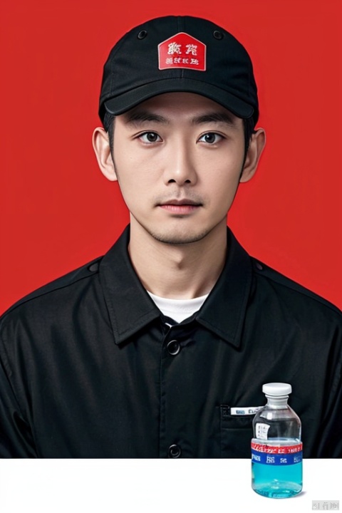  A 38-year-old man, the man's eyes, a male employee working in China Petroleum, wearing a Sinopec gas station cap, a photo ID, red background., Oguri