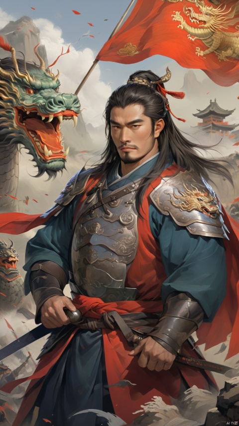  1man,stocky, strong, muscle, Majestic Ming Dynasty general, armored in a battle suit with embroidered dragon motifs, , and cloaked with a cape, his expression resolute. The backdrop features a battlefield scenery, flags fluttering, with high contrast and high definition to depict the ambiance of wartime epic, happy,
, Silverjoe, asian, huggymale