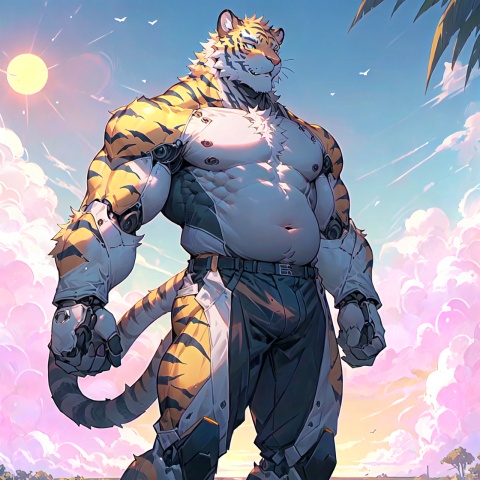  men,Correct body structure,Correct finger structure,Facial,correctness,sunshine,Correct pupil structure,single person ,Slender physique,tiger, mechangel,Mecha,Sun background,chubby,one tail