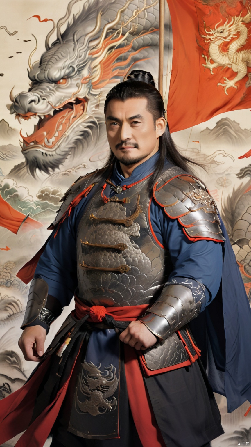  1man,stocky, strong, muscle, Majestic Ming Dynasty general, armored in a battle suit with embroidered dragon motifs, , and cloaked with a cape, his expression resolute. The backdrop features a battlefield scenery, flags fluttering, with high contrast and high definition to depict the ambiance of wartime epic, happy,
, Silverjoe, asian, huggymale,mature male,NSFW,penis