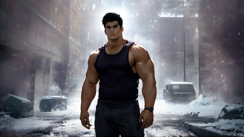  best quality, amazing quality, very aesthetic, absurdres,1man,solo,muscular male,looking at viewer, slighty_chubby, standing,tank top,warming,black hair, Muscular Male, 90s, Movie style background