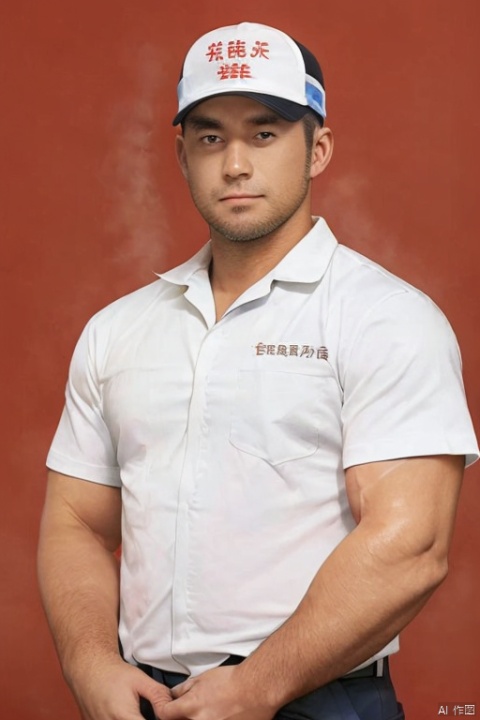  A 38-year-old man, the man's eyes, a male employee working in China Petroleum, wearing a Sinopec gas station cap, a photo ID, red background., Oguri, Muscular Male