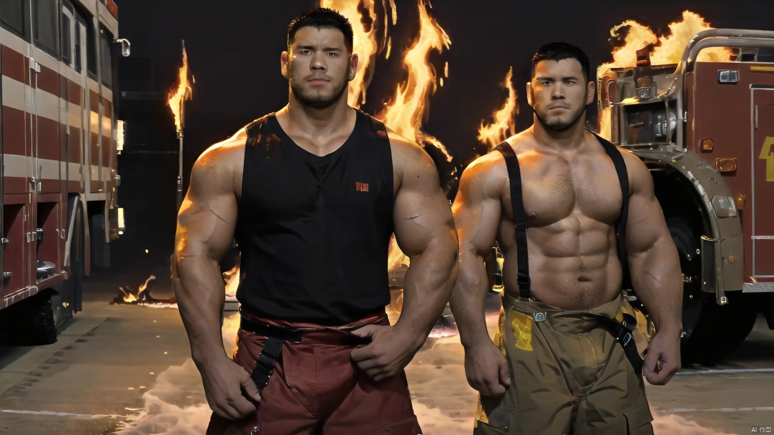  best quality, amazing quality, very aesthetic, absurdres,1man,solo,muscular male,looking at viewer, slighty_chubby, standing,**** top,warming,black hair, Muscular Male, 90s, Movie style background, SUMO, km, muscular, firemenoutfit