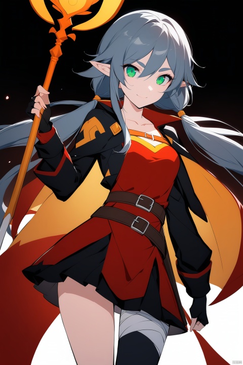  [[fu hua (phoenix)(honkai impact 3rd)]], nai3, 1girl, solo, artstyle,
1girl, solo, long hair, looking at viewer, smile, bangs, simple background, thighhighs, gloves, long sleeves, white background, dress, holding, twintails, closed mouth, green eyes, collarbone, pointy ears, black gloves, belt, black thighhighs, fingerless gloves, cape, parted bangs, cosplay, bandages, short dress, red dress, thick eyebrows, staff, elf, single thighhigh, black belt, holding staff, black cape, brown belt, bandaged leg, megumin