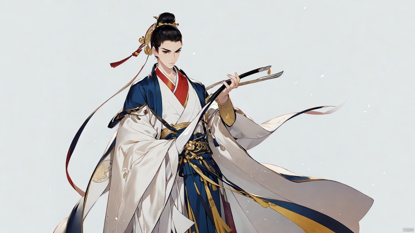  guofeng,illustration,full_shot,1boy,male focus,solo,single hair bun,hair bunholding ,robe,black hair,hanfu,tang style outfits,looking_at_viewer,white_background,clean background,introduction background,blank background,