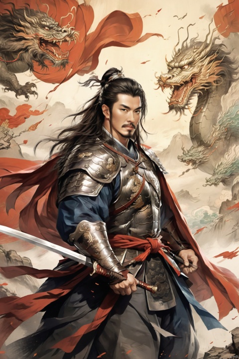  1man,stocky, strong, muscle, Majestic Ming Dynasty general, armored in a battle suit with embroidered dragon motifs, wielding a trusty sword, and cloaked with a cape, his expression resolute. The backdrop features a battlefield scenery, flags fluttering, with high contrast and high definition to depict the ambiance of wartime epic, happy,
, Silverjoe
