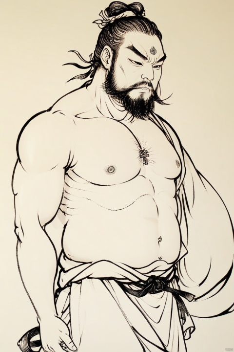  a man with a beard,Fall the dragon Arhats, and no shirt posing for a picture,monochrome, solo, (linearts:1.331),(thick lines:1.1),clear lines,chest_hair, male_focus, muscular, handsome, pectorals, abs, facial_hair, nipples, muscular_male, large_pectorals, pubic_hair, body_hair, navel_hair, armpit_hair, bara, male_pubic_hair, leg_hair, thighs, 1boy, thick_thighs, stomach, solo, beard, navel, arm_hair, cock,magic_circle, armpits, stubble ,black ink painting,(linearts:1.331),thick lines,white background, Shinv, hanfu,line drawing