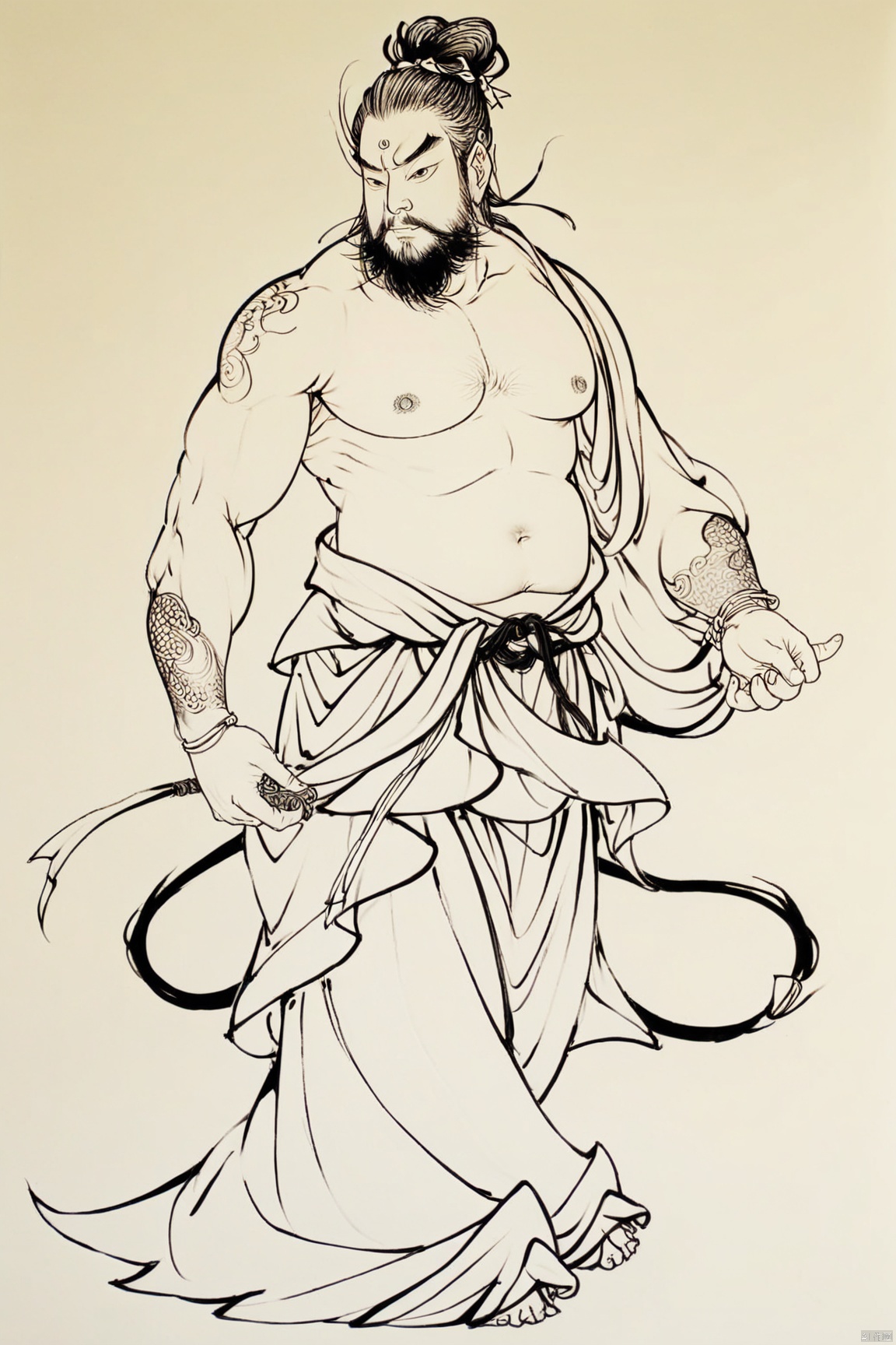  a man with a beard,Fall the dragon Arhats, and no shirt posing for a picture,monochrome, solo, (linearts:1.331),(thick lines:1.1),clear lines,chest_hair, male_focus, muscular, handsome, pectorals, abs, facial_hair, nipples, muscular_male, large_pectorals, pubic_hair, body_hair, navel_hair, armpit_hair, bara, male_pubic_hair, leg_hair, thighs, 1boy, thick_thighs, stomach, solo, beard, navel, arm_hair, cock,magic_circle, armpits, stubble ,black ink painting,(linearts:1.331),thick lines,white background, Shinv, hanfu,line drawing