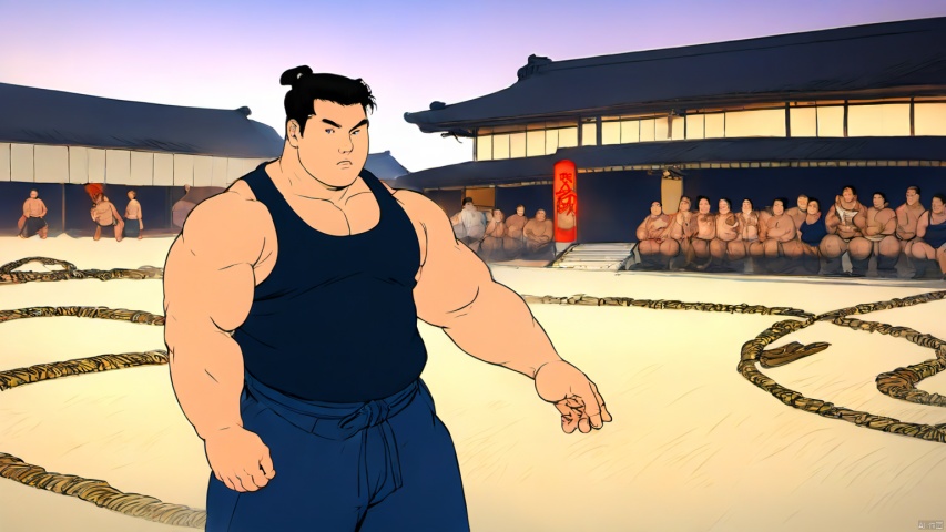  best quality, amazing quality, very aesthetic, absurdres,1man,solo,muscular male,looking at viewer, slighty_chubby, standing,tank top,warming,black hair, Muscular Male, 90s, Movie style background, SUMO
