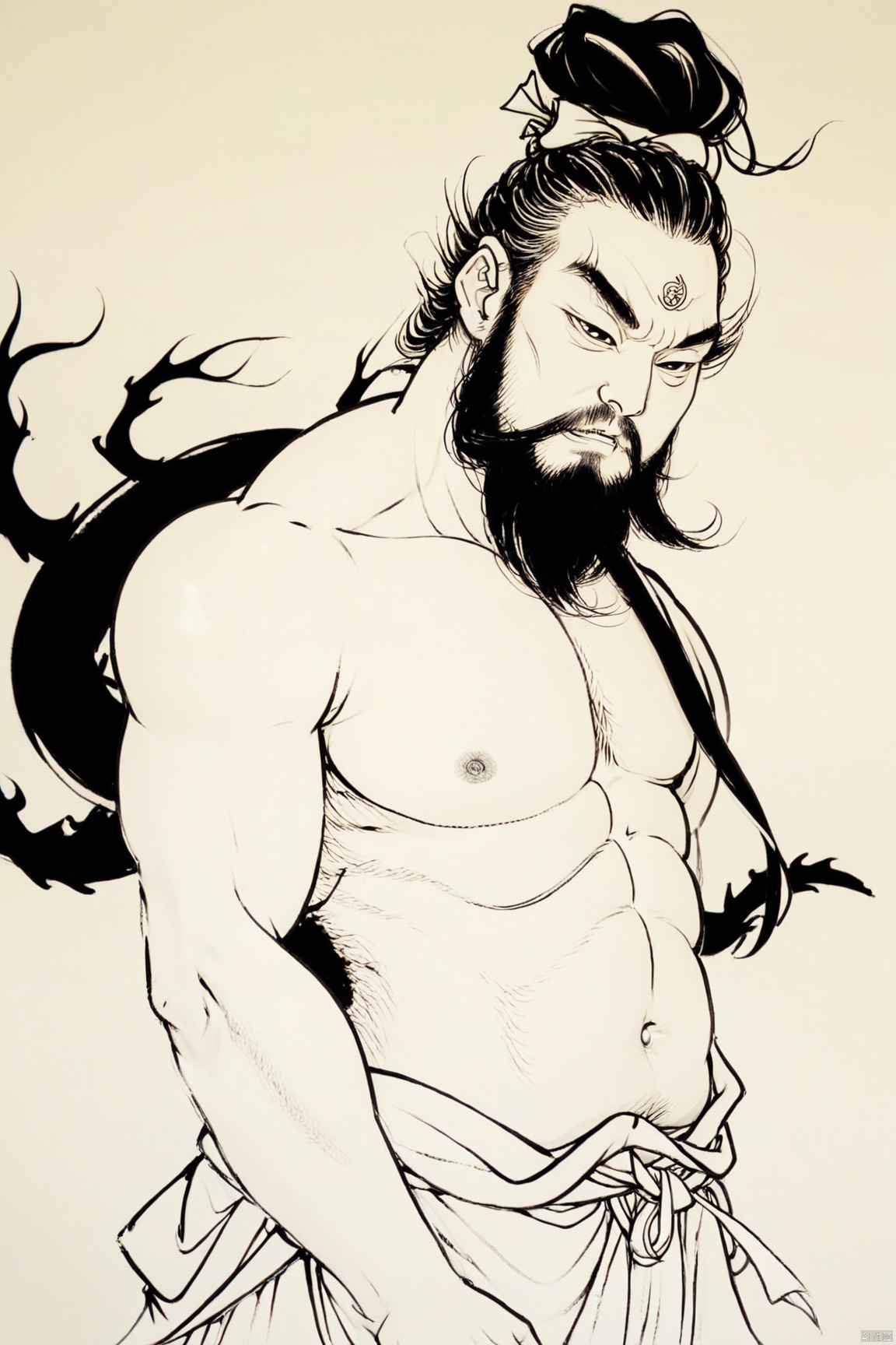  a man with a beard,Fall the dragon Arhats, and no shirt posing for a picture,monochrome, solo, (linearts:1.331),(thick lines:1.1),clear lines,chest_hair, male_focus, muscular, handsome, pectorals, abs, facial_hair, nipples, muscular_male, large_pectorals, pubic_hair, body_hair, navel_hair, armpit_hair, bara, male_pubic_hair, leg_hair, thighs, 1boy, thick_thighs, stomach, solo, beard, navel, arm_hair, cock,magic_circle, armpits, stubble ,black ink painting,(linearts:1.331),thick lines,white background, Shinv, hanfu,line drawing