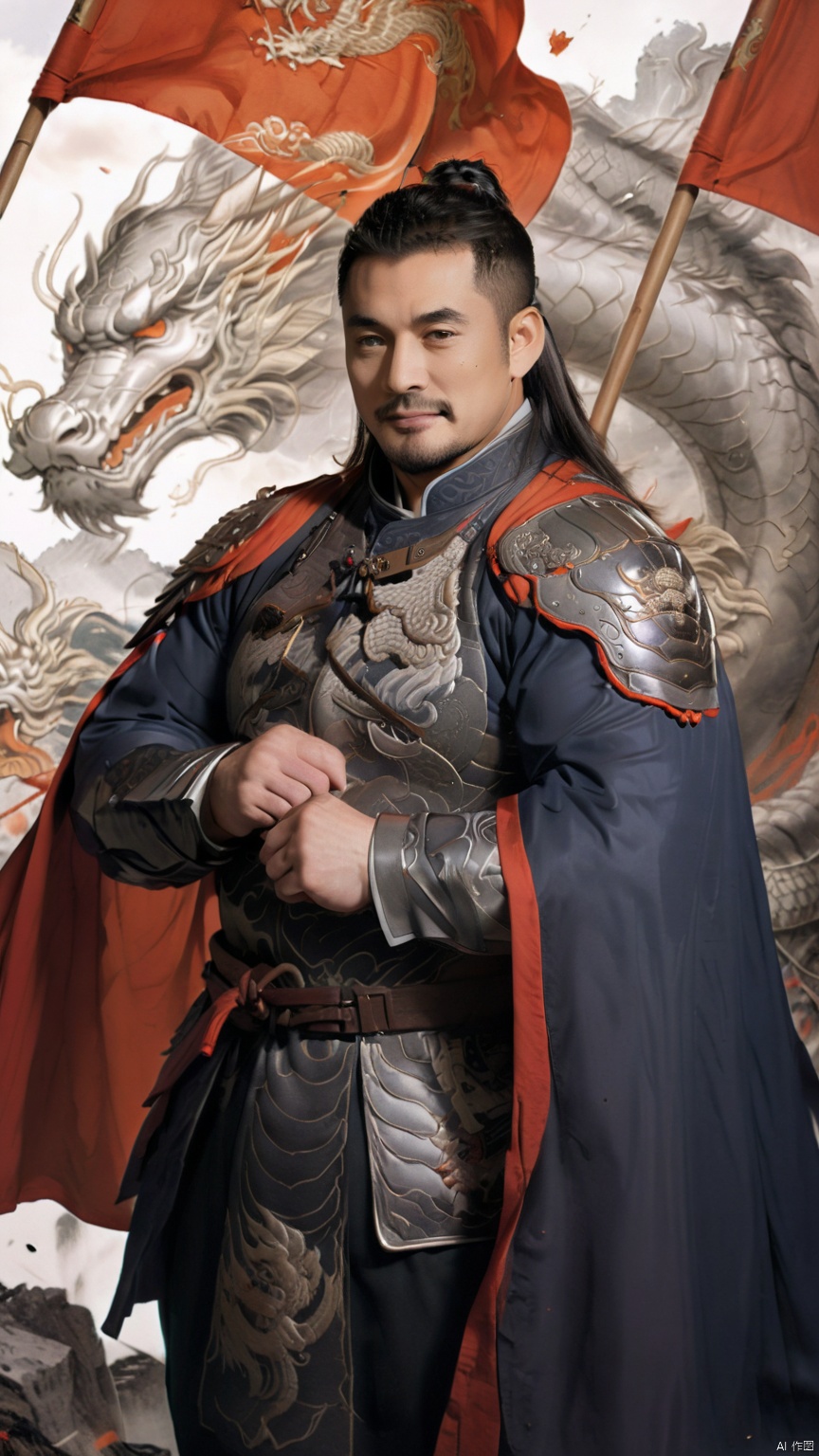  1man,stocky, strong, muscle, NSFW,penis
,naked_shirt,Majestic Ming Dynasty general, armored in a battle suit with embroidered dragon motifs, , and cloaked with a cape, his expression resolute. The backdrop features a battlefield scenery, flags fluttering, with high contrast and high definition to depict the ambiance of wartime epic, happy,
, Silverjoe, asian, huggymale,mature male,