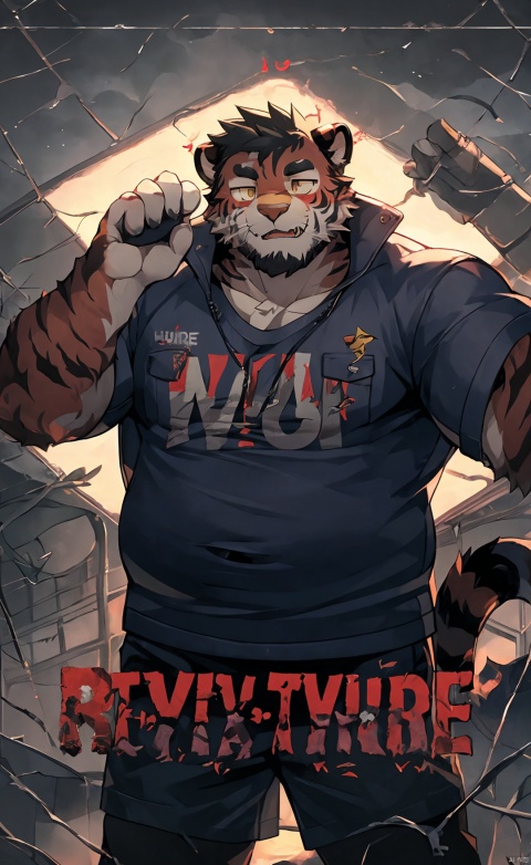  e style thriller poster,1boy, solo,yellow character name,red english font, shota, mjtyhz, furry, chubby, tiger, , Muscular Male