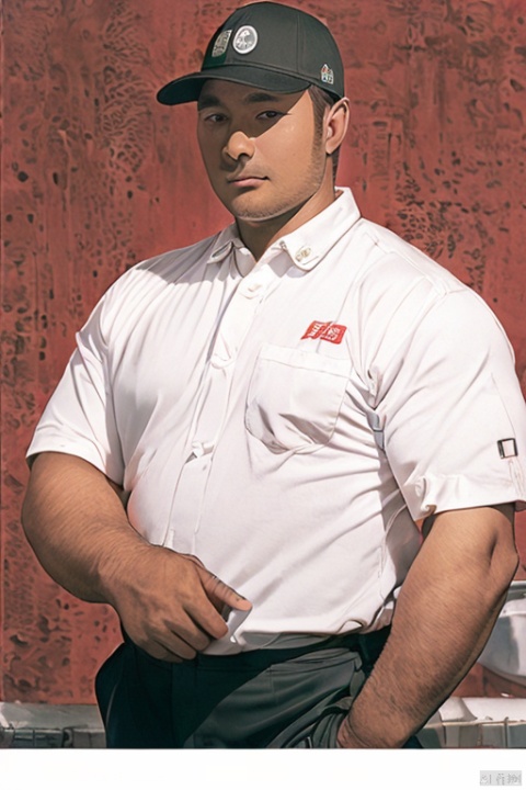  A 38-year-old man, the man's big eyes, a male employee working in China Petroleum, wearing a Sinopec gas station cap, a photo ID, red background., Oguri, Muscular Male