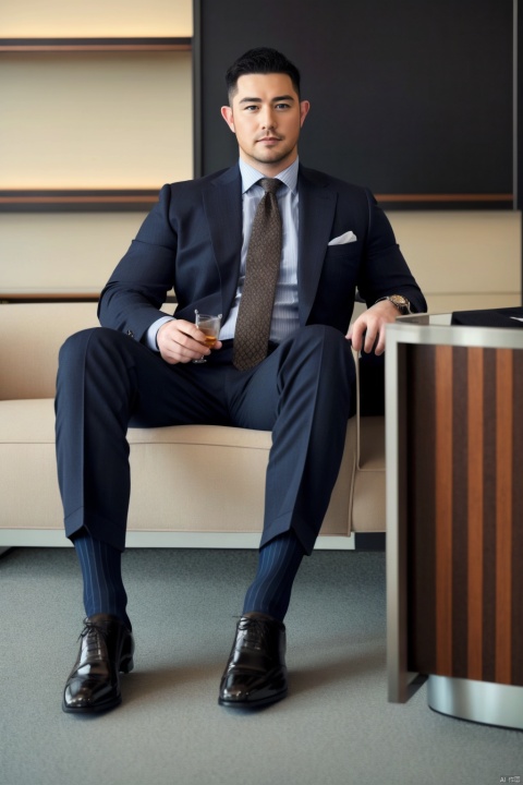  a man,chubby,male focus,(masterpiece, Realism, best quality, highly detailed,profession),asian,exquisite facial features,handsome,muscular,sitting,Business suit,socks,footwear,soft lighting,blurry,xiewa, ((poakl))