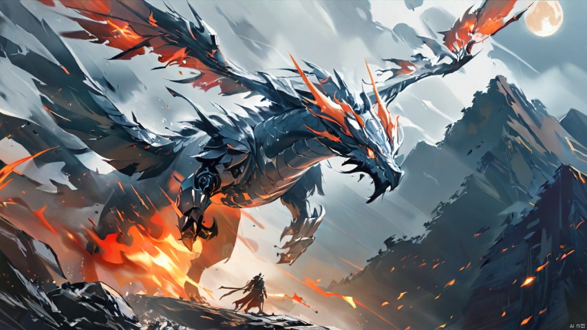  (masterpiece), (best quality),(illustration), wide shot, best quality, epic scenes, impactful visuals, holding, weapon, wings, teeth,holding weapon, armor, no humans, glowing, moon, fire, robot, glowing eyes, claws, monster,dragon