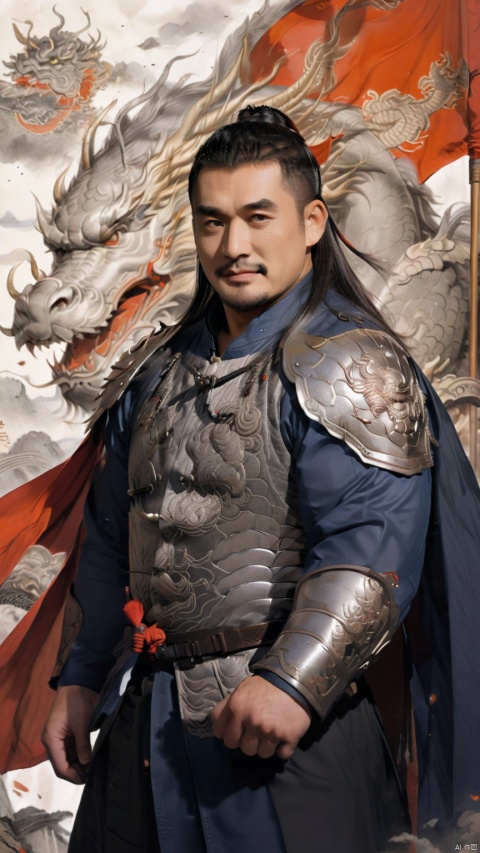  1man,stocky, strong, muscle, NSFW,penis
,naked_shirt,Majestic Ming Dynasty general, armored in a battle suit with embroidered dragon motifs, , and cloaked with a cape, his expression resolute. The backdrop features a battlefield scenery, flags fluttering, with high contrast and high definition to depict the ambiance of wartime epic, happy,
, Silverjoe, asian, huggymale,mature male,