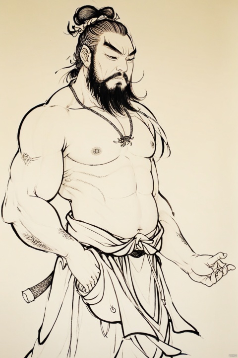  a man with a beard,Fall the dragon Arhats, and no shirt posing for a picture,monochrome, solo, (linearts:1.331),(thick lines:1.1),clear lines,chest_hair, male_focus, muscular, handsome, pectorals, abs, facial_hair, nipples, muscular_male, large_pectorals, pubic_hair, body_hair, navel_hair, armpit_hair, bara, male_pubic_hair, leg_hair, thighs, 1boy, thick_thighs, stomach, solo, beard, navel, arm_hair, cock,magic_circle, armpits, stubble ,black ink painting,(linearts:1.331),thick lines,white background, Shinv, hanfu,line drawing