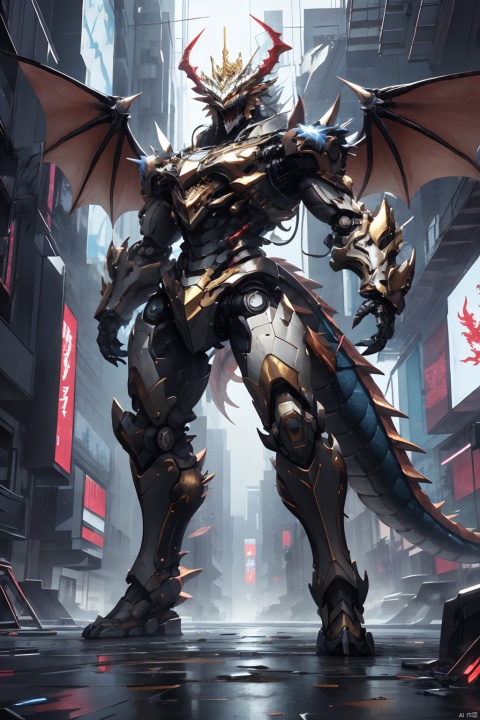  Masterpiece, high detail, 8k, full body, a huge humanoid dragon king with golden metal scale texture, sharp horns and teeth on the crown, strong and powerful mechanical arms and armor. The eye area of the Dragon King is a golden fluorescent screen, with a huge dragon wing composed of thrusters installed on the back and an armored dragon tail. The entire body is mainly composed of three colors: red, blue, and white, in a cyberpunk style, stocky
,
, 3d stely