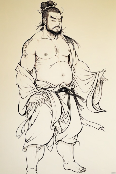  a man with a beard,Fall the dragon Arhats, and no shirt posing for a picture,monochrome, solo, (linearts:1.331),(thick lines:1.1),clear lines,chest_hair, male_focus, muscular, handsome, pectorals, abs, facial_hair, nipples, muscular_male, large_pectorals, pubic_hair, body_hair, navel_hair, armpit_hair, bara, male_pubic_hair, leg_hair, thighs, 1boy, thick_thighs, stomach, solo, beard, navel, arm_hair, cock,magic_circle, armpits, stubble ,black ink painting,(linearts:1.331),thick lines,white background, Shinv, hanfu,line drawing,nake, nsfw