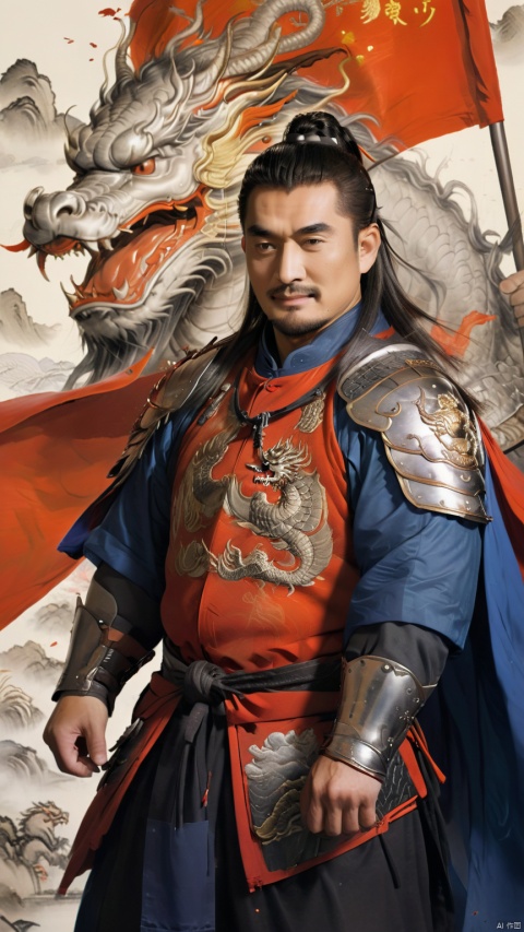 1man,stocky, strong, muscle, Majestic Ming Dynasty general, armored in a battle suit with embroidered dragon motifs, , and cloaked with a cape, his expression resolute. The backdrop features a battlefield scenery, flags fluttering, with high contrast and high definition to depict the ambiance of wartime epic, happy,
, Silverjoe, asian, huggymale,mature male