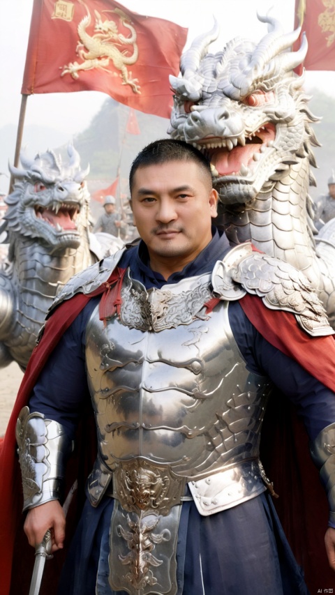  1man,stocky, strong, muscle, NSFW,penis
,naked_shirt,Majestic Ming Dynasty general, armored in a battle suit with embroidered dragon motifs, , and cloaked with a cape, his expression resolute. The backdrop features a battlefield scenery, flags fluttering, with high contrast and high definition to depict the ambiance of wartime epic, happy,
, Silverjoe, asian, huggymale,mature male,